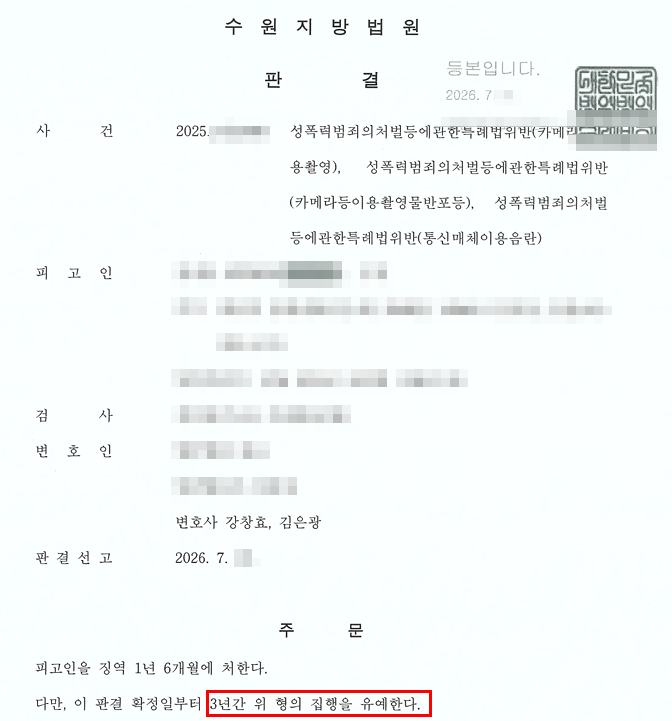 촬영·반포·통신매체이용음란 집행유예 판결문